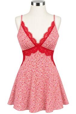Topshop Pink Red Floral Lace Deep V Neck Mini Flippy Dress - Size 6